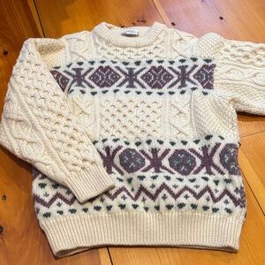 BONNER OF IRELAND Unisex Cream Pattern Cable Knit Sweater Crew Neck 100% Wool